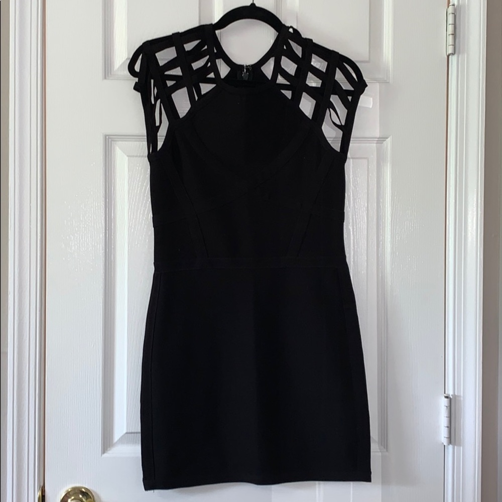 bebe Body con black mini dress